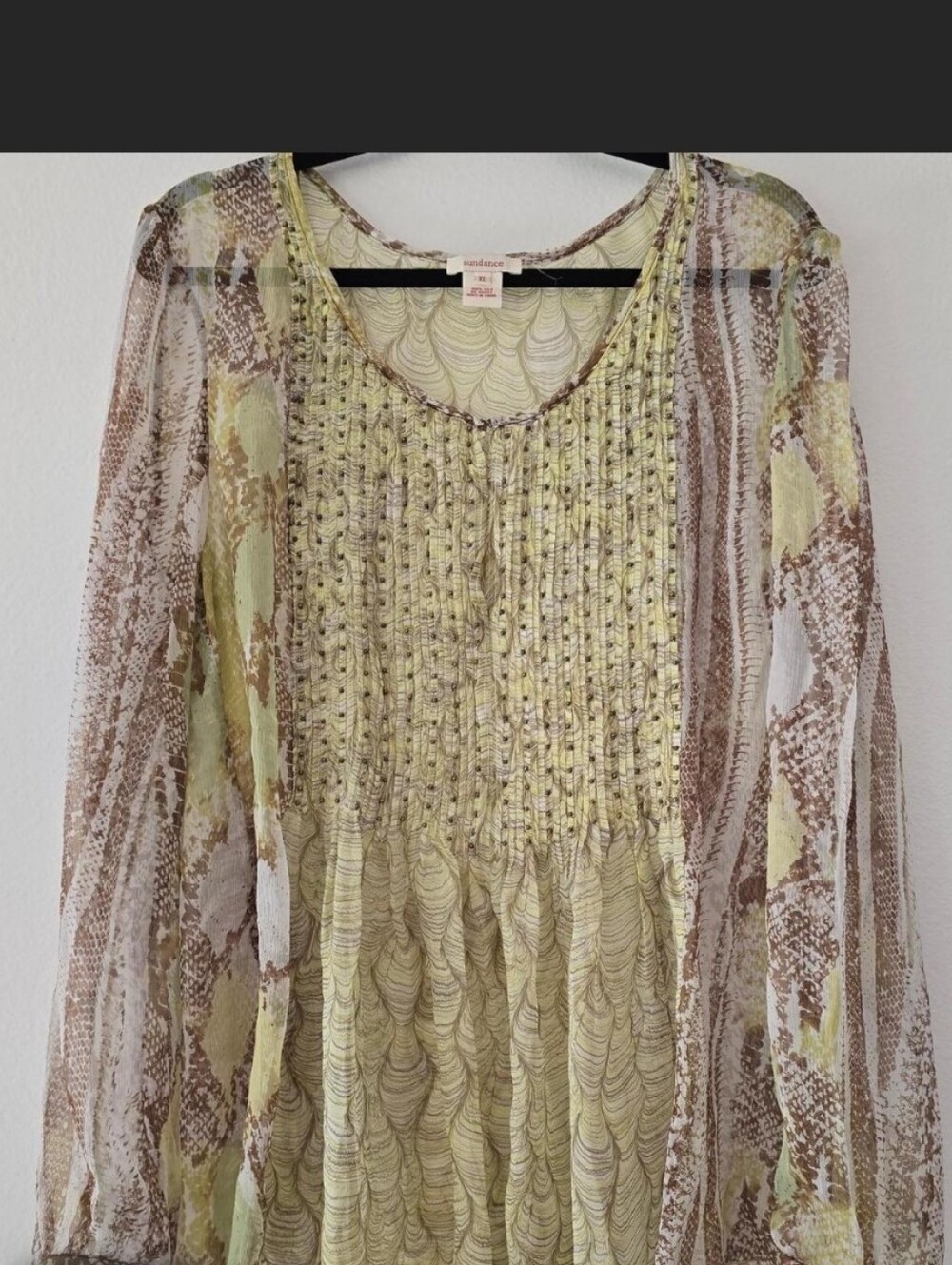 Sundance100% Silk Sheer Tunic in Light Yellow Cream and Brown Print. NWOT